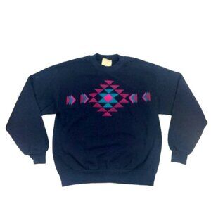 Vintage 80s Aztec Geometric Western Retro Boxy Sweater Sweatshirt Mens M…